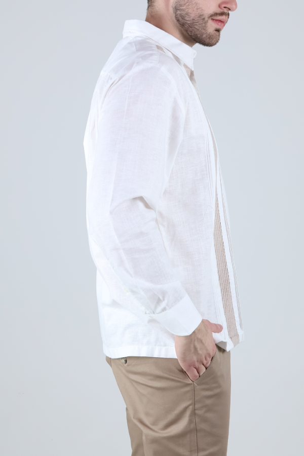 Camisa Guayabera Hombre Manga Larga Con Alforzas Y Contraste En Pecho